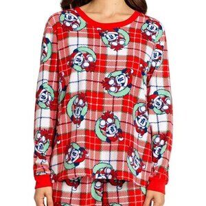 Briefly Stated Women's Mickey Mouse Fleece Pajama Top, Red Plaid, Large